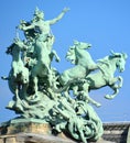 One of two Ã¢â¬ÅquadrigaÃ¢â¬Â four-horse chariots created by sculptor George Racipon